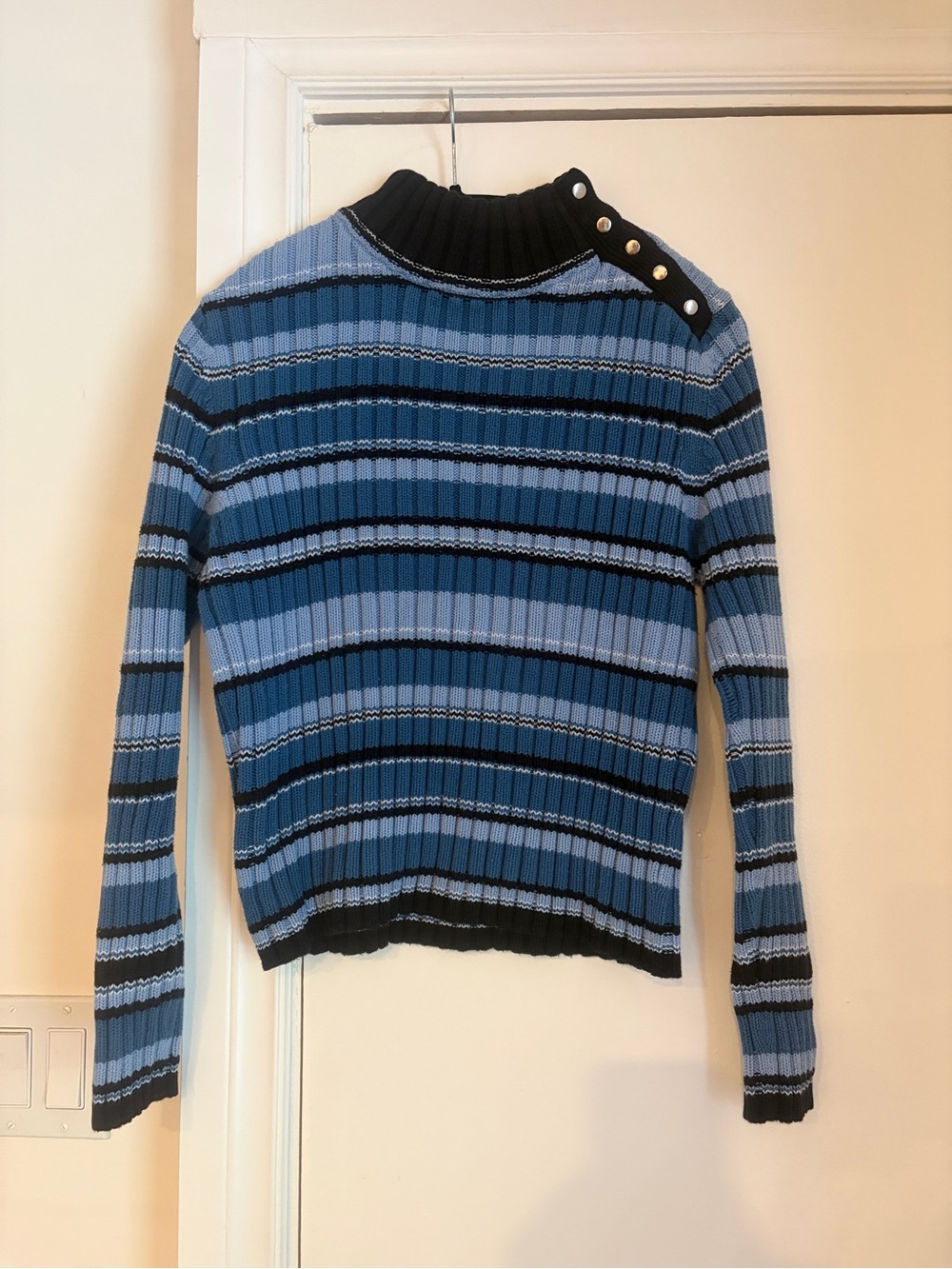 Y2K Striped Rib Knit Sweater with Shoulder Button Detail - Blue